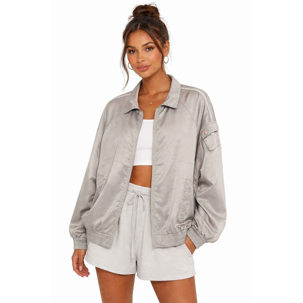 Mono B Women Silver Satin Bomber Jacket Gray‎ Zip Up Track Jacket L